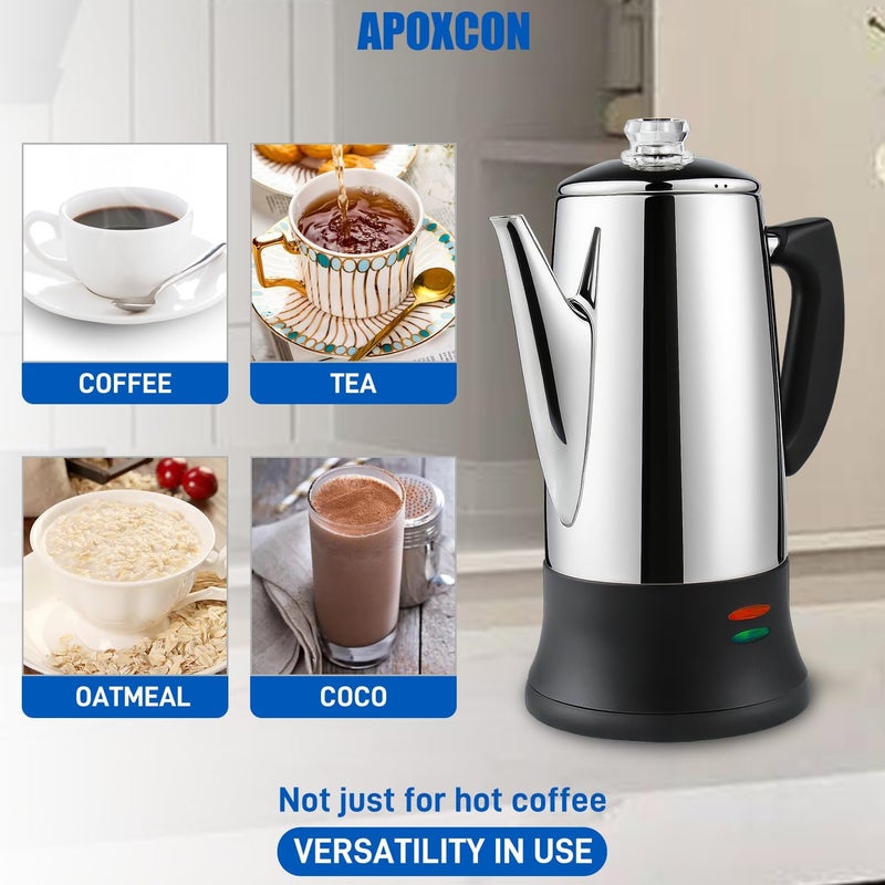 APOXCON Electric Coffee Percolator Stainless Steel Coffee Maker with Heat Resistant Tough Glass Clear Brew Progress Knob, Classic Coffee Pot with Keep Warm Cordless Serve Cool Touch Handle 12 Cup - Image 5
